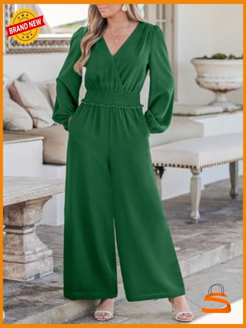Long Sleeve Jumpsuit Dressy Smocked Waist V Neck Wide Leg Flowy One Piece - Picture 6 of 7